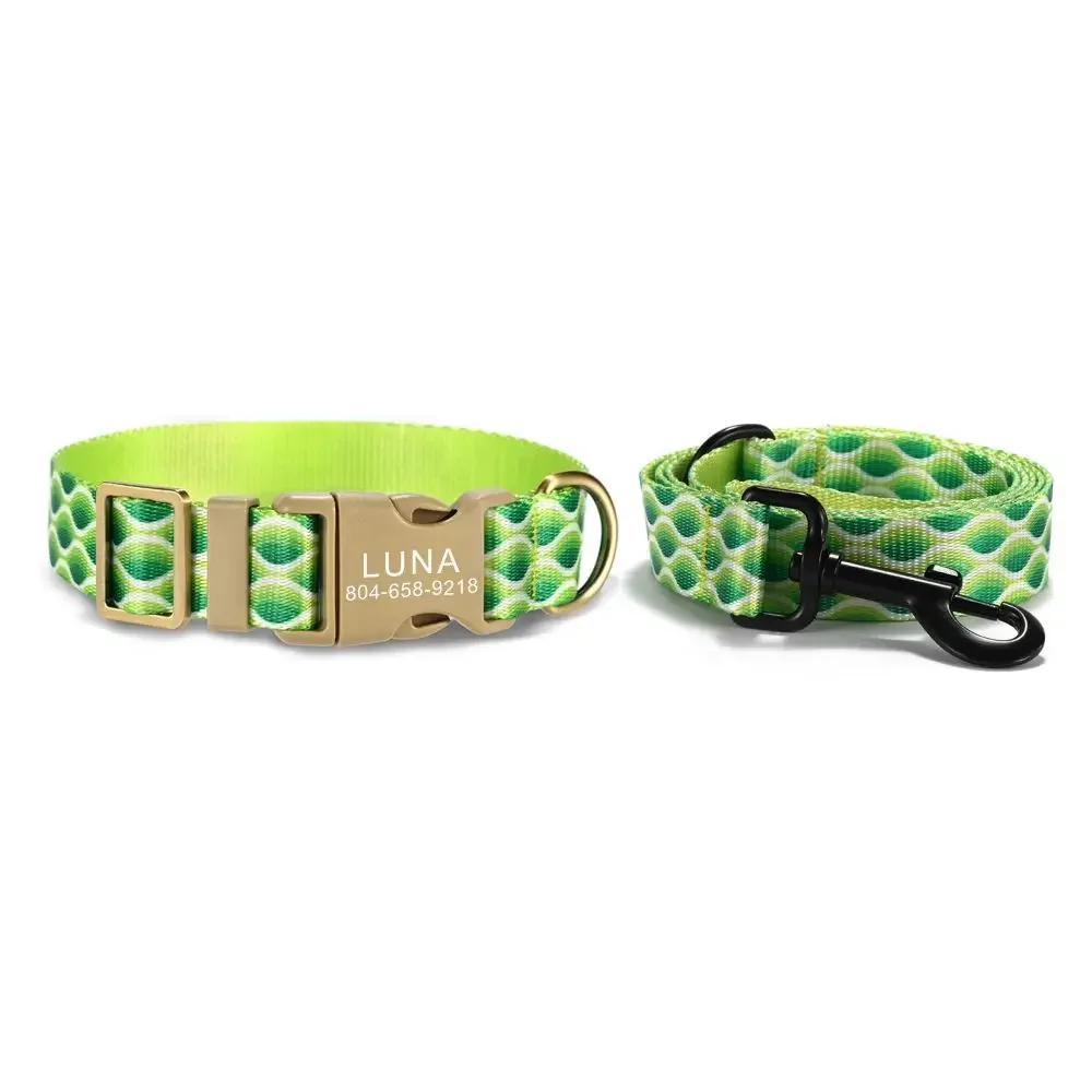 Personalized Pet Collar, Customized Nameplate ID, Adjustable Green Waves, Soft Fiber, Cat and Dog Collars, Lead Leash