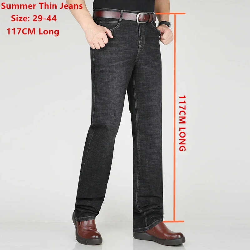 Black Summer Jeans 117CM Extra Long Tall Men Straight Thin Stretched High Waisted Male Denim Trousers Plus Size 42 44 Large Pant