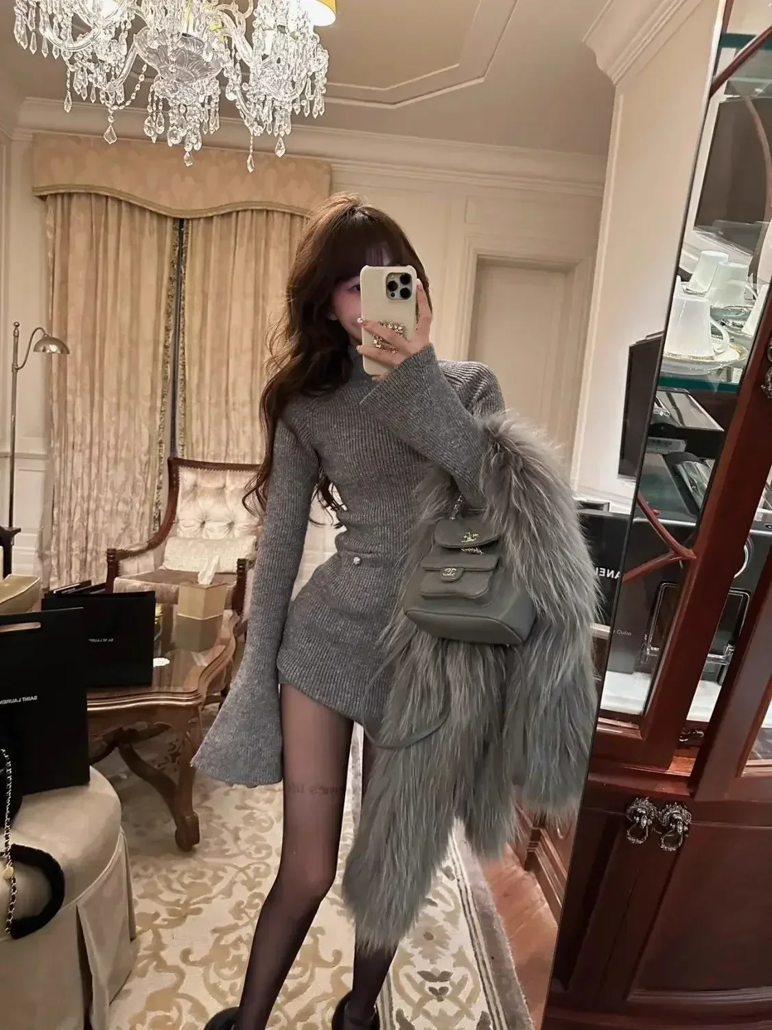 

2024 Autumn and Winter New Women Knitted Dress High Collar Long Sleeve High Waist Slim Knitting Mini Dresses Mature Bodycon