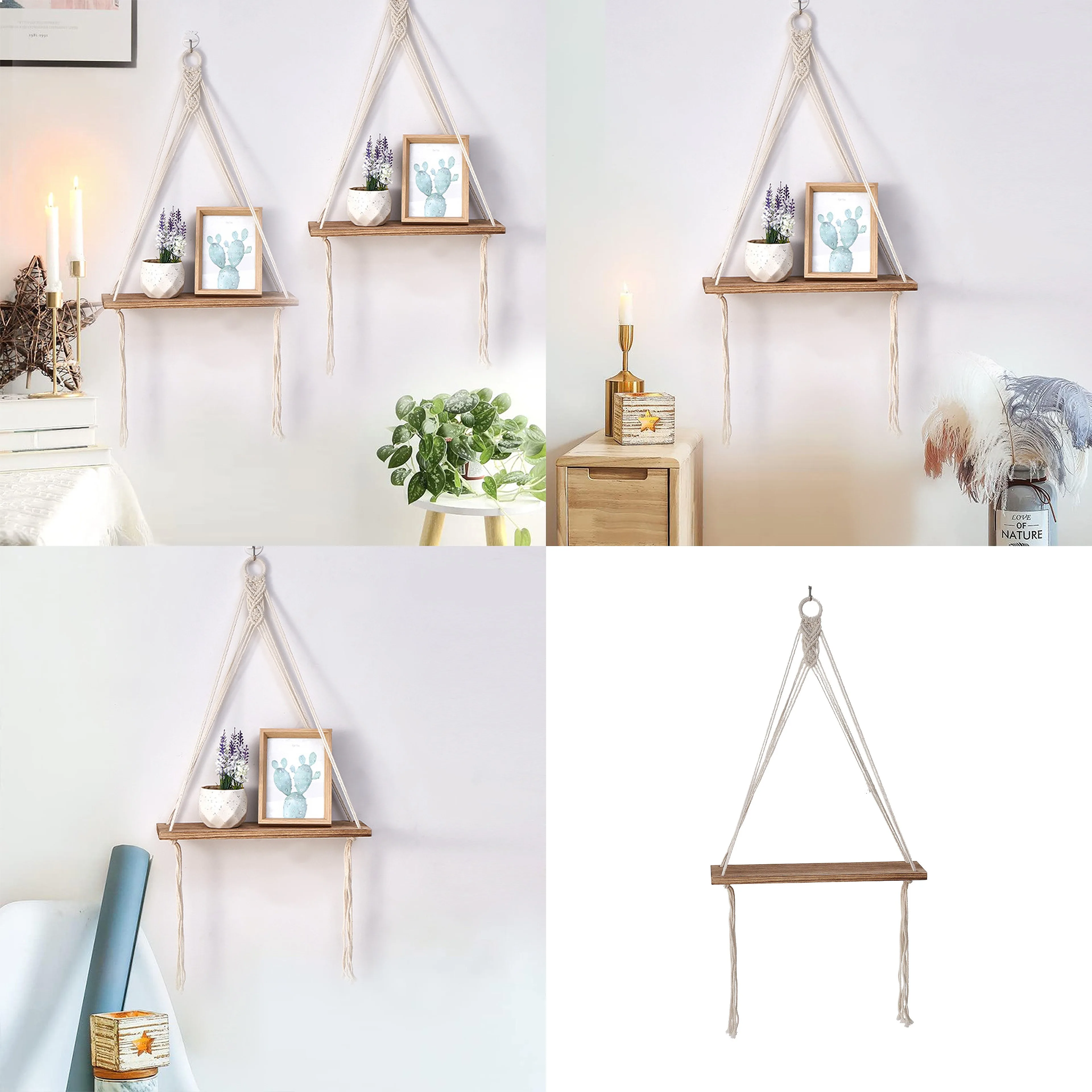 Handmade Macrame Wall Hanging Shelf Boho Cotton Rope Storage Organizer for Living Room Home Decor
