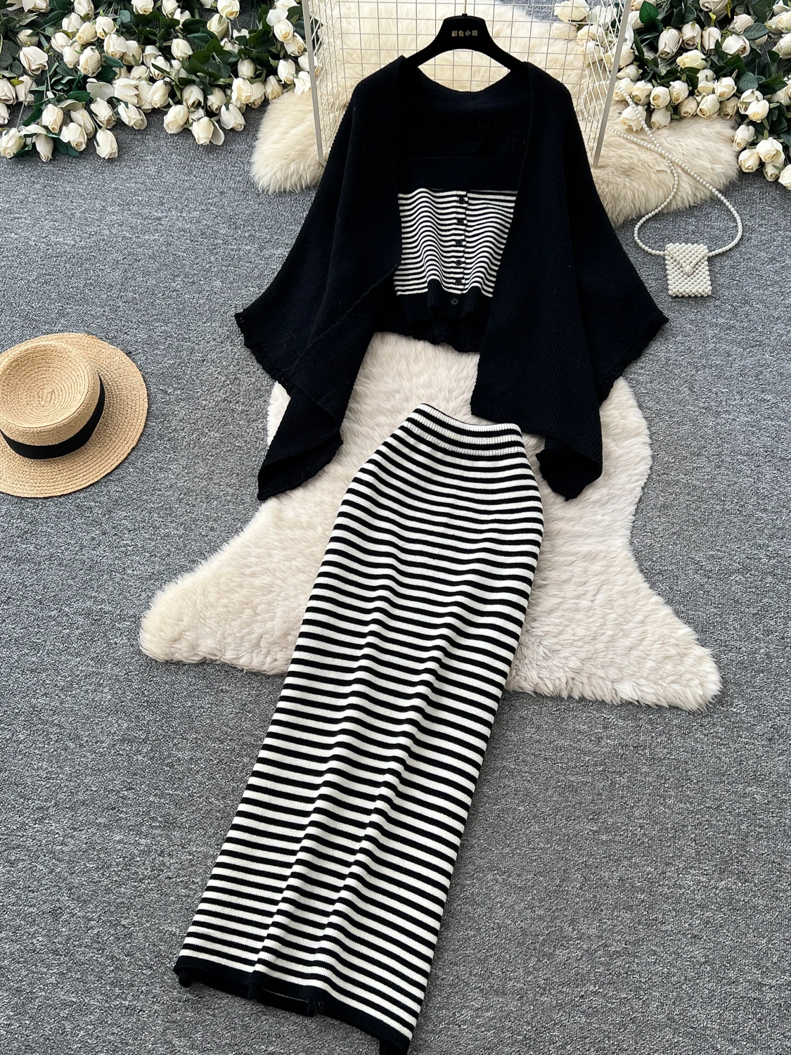 Women's Stripe Three-Piece Set Autumn Outerwear Sweater Shoulder Wrap Vest  Skirt Slimming Ensemble Lazy Chic Outfit