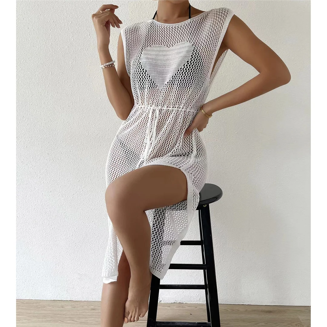 Neues, durchsichtiges, gehäkeltes, gestricktes Strandkleid mit Ausschnitten, Bikini-Überwurf, zweiteiliges Strandkleid, Strandmode, Damen V4221 – Detail 12