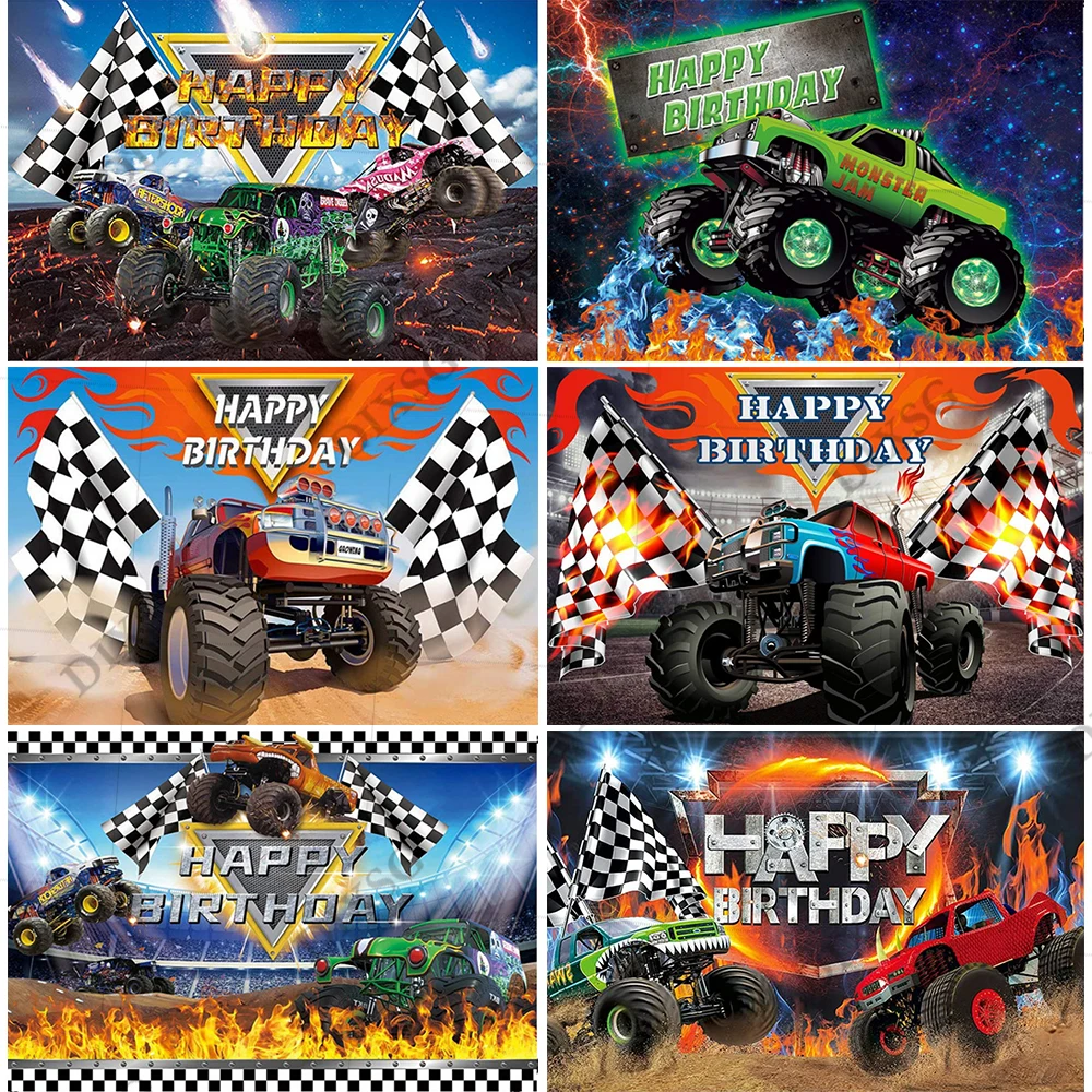 DIXSG Monster Truck Photography Backdrop Grave Digger Racing Cars Birthday Banner Background Checkered Flag Photo Studio Props