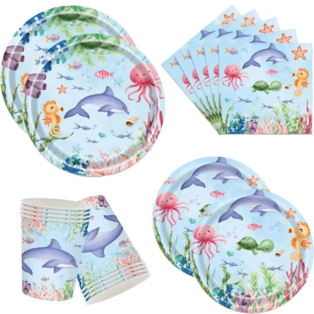 Ocean Animals Party Disposable Tableware Plates Cups Napkin Under The Sea Theme Party Birthday Party Decoration