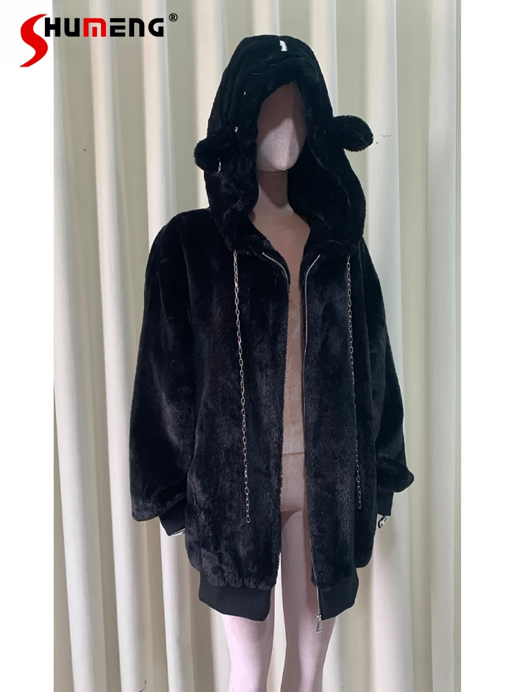 

Harajuku Subculture Punk Sweet Cool Fashion Faux Fur Autumn Winter Girls' Women Loose Slim Warm Plush Jacket Student Sweatshirt