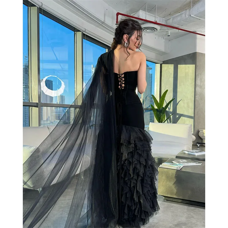 Black Elegant One Shoulder Evening Gown A-line Sequined Tiered Formal Evening Dresses Customize Engagement Party Dress 2024