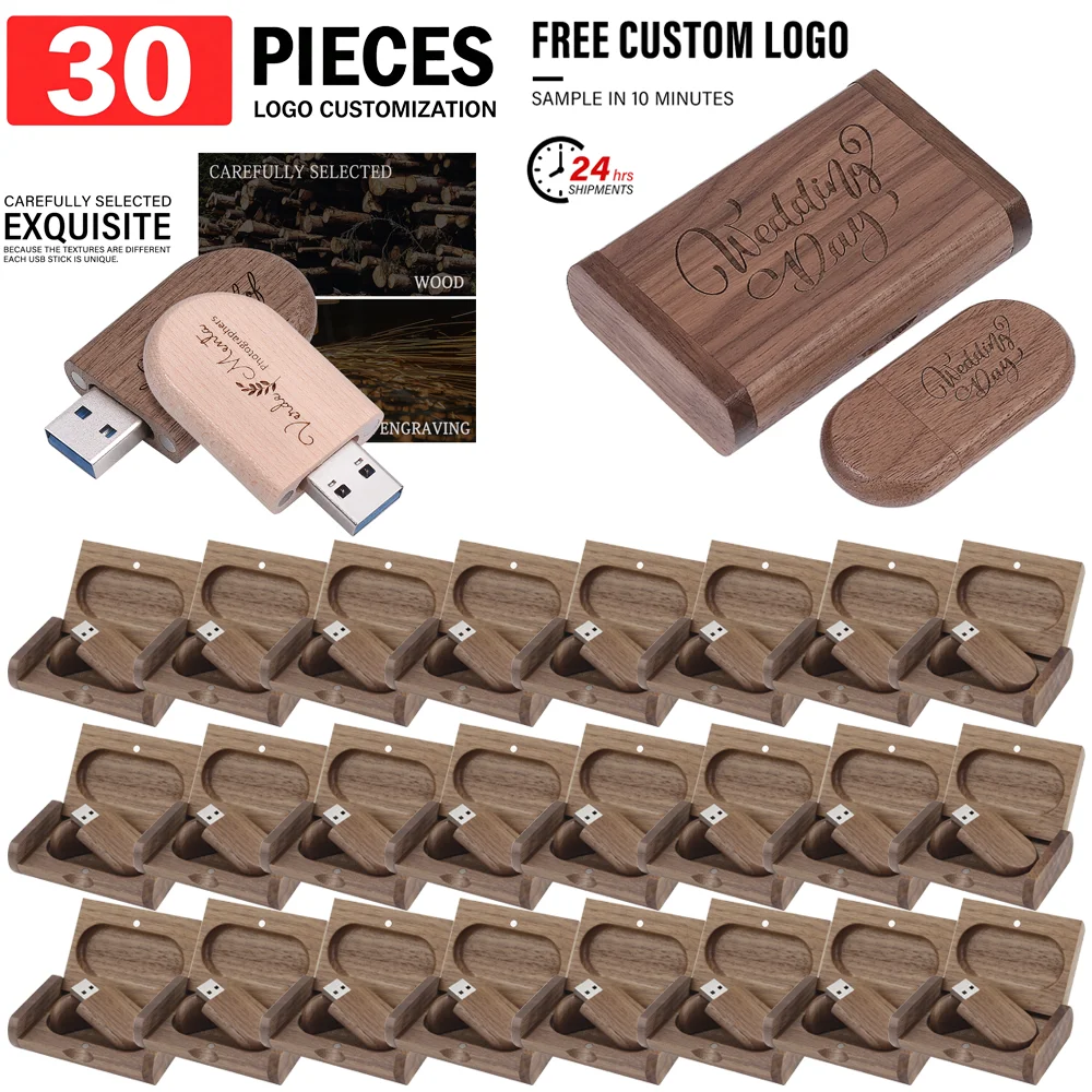 JASTER 30pcs/lot U Disk  64GB Wooden USB 2.0 32GB Flash Drive 16GB Wedding Gifts Pen Drives 8GB Memory Stick Free Custom LOGO