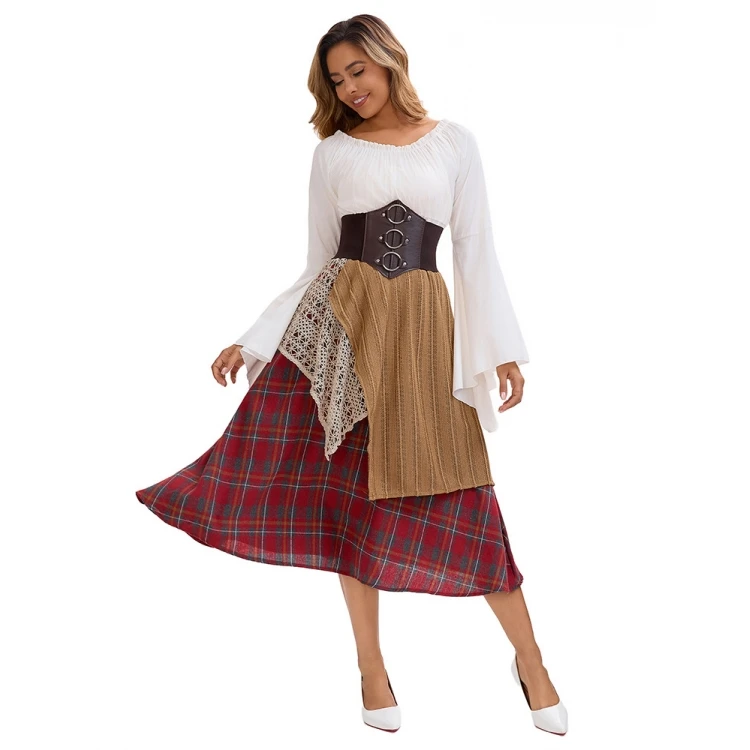 Retro Artistic Irregular Plaid Long Skirt loween Performance Women's Costume Asymmetrical Design Split f-length Skirt