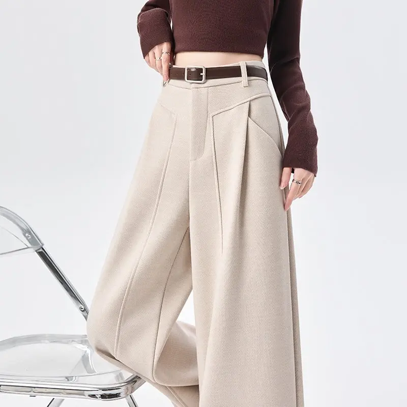 Calças Femininas de Perna Larga com Forro, Cintura Alta, Calças Longas, Primavera 2026, Novo Estilo Casual em Acetato de Lã Xadrez