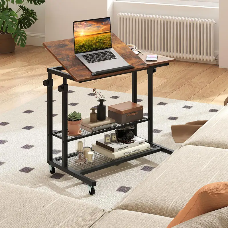 Mobile Height Adjustable Standing Desk with Tilting Top, Sit Stand Computer Table with 2-Tier Mesh Shelves and Locking Casters, Ergonomic Workstation for Home Office, Rustic Brown