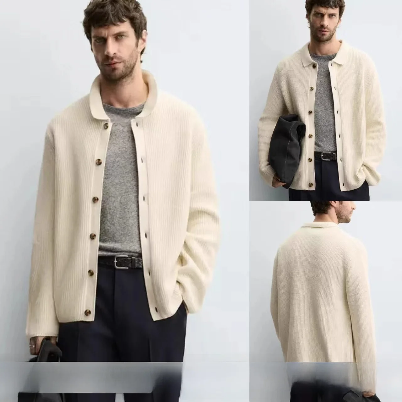 

Мужской приталенный прямой вязаный кардиган из хлопка с ребристой отделкой, повседневная верхняя одежда с длинными рукавами на пуговицах, комфортный и теплый