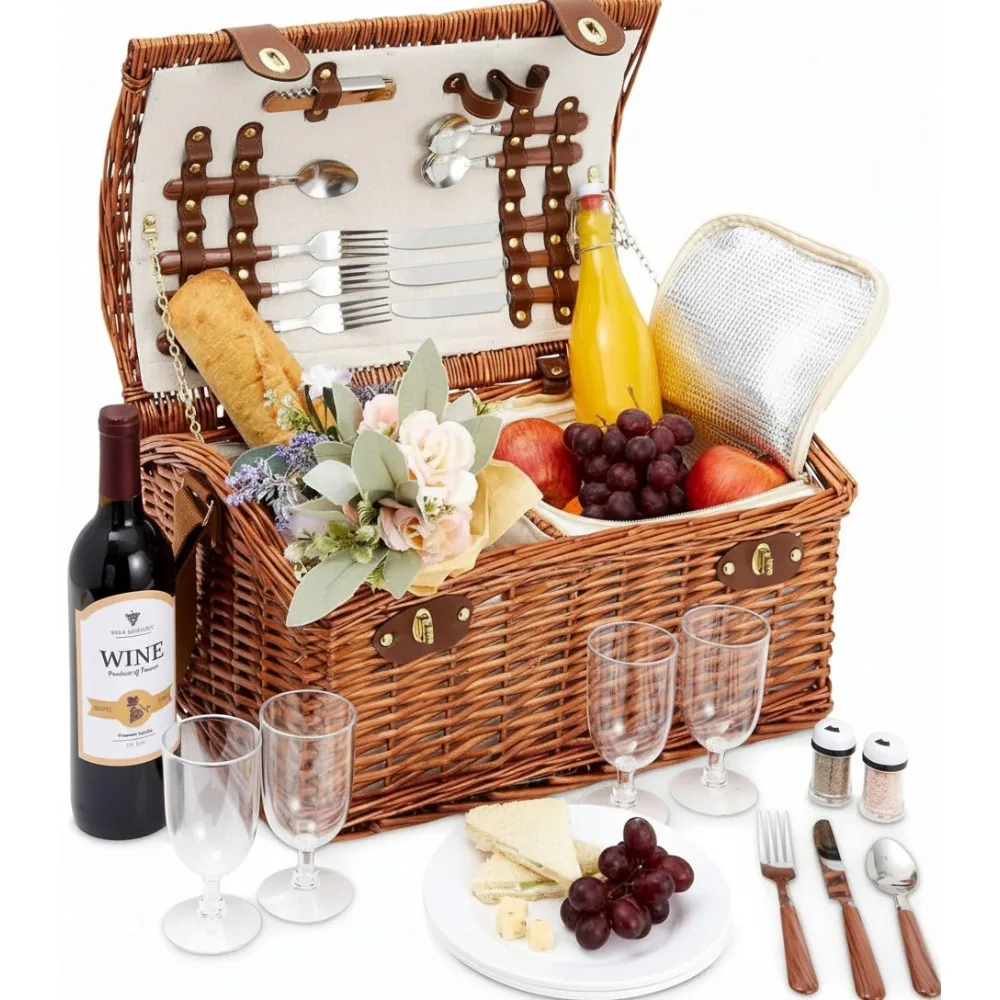 

Classic Wicker Picnic Basket Set for 4 - Complete with Cooler Bag, Dishes & Utensils | Family Outdoor Dining