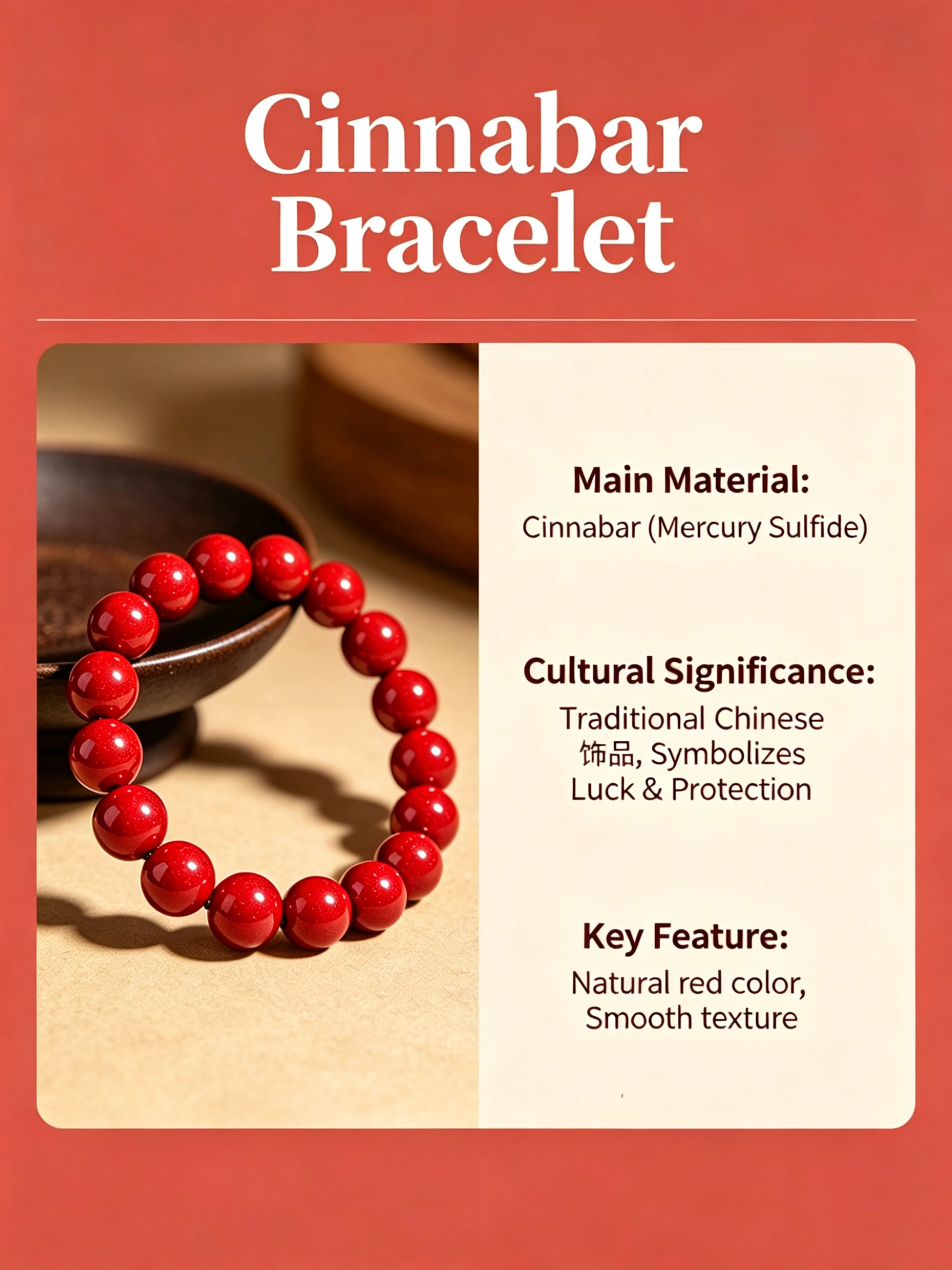 

Natural cinnabar bracelet, brings good fortune and ensures safety, with a beautiful meaning
