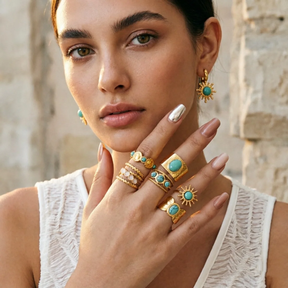 Edelstahl Blau Naturstein Geometrische Fingerringe für Damen und Herren Französischer Vintage Sonnenblumen-Blatt Runder Ovaler Ring Schmuck – Detail 14