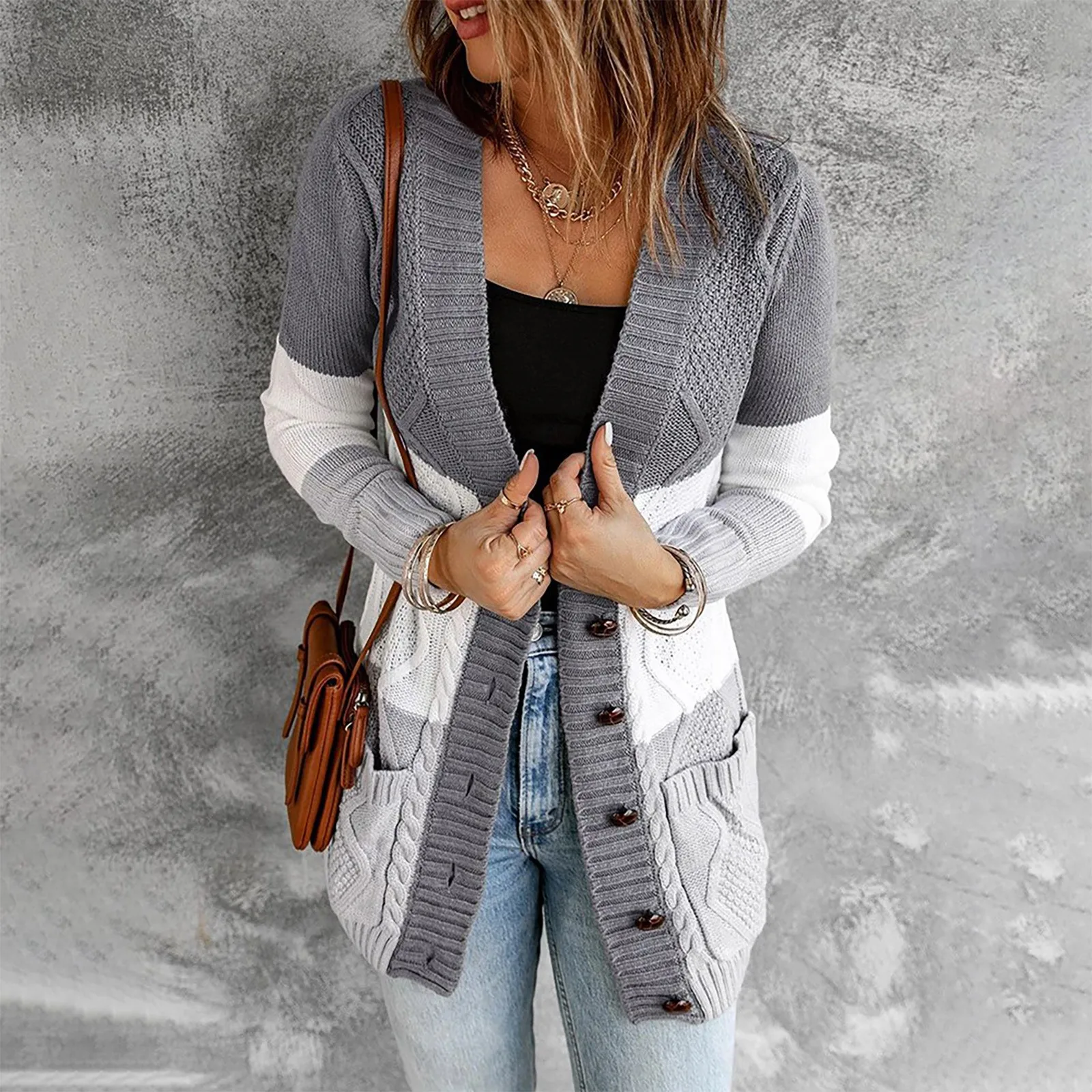 

Women'S Autumn Coats Long Single-Breasted Sweater Coat Colorblock Pocket Button Coat Special Design Knit Cardigan Coats