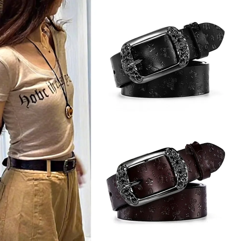 Fashion Alloy Pin Buckle Carved Waist Belt Chic Y2K PU Leather Belt Vintage Harajuku Jeans Belts For Women