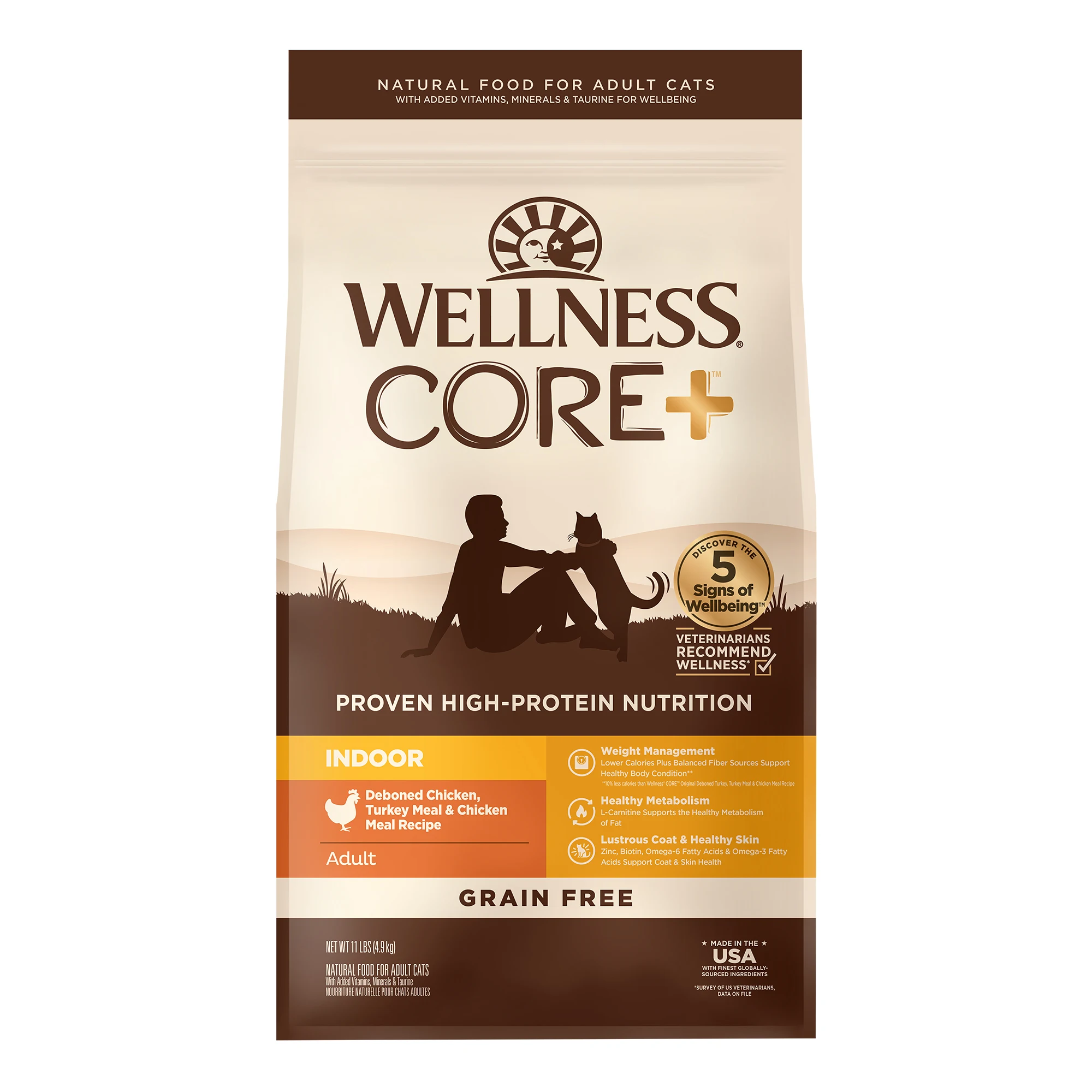 CORE+ Adult Dry Cat Food for Indoor Cats, Natural, Grain Free Kibble, Chicken and Turkey Recipe, 11 lb Bag