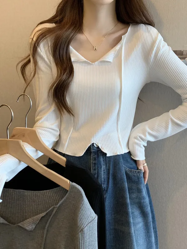 

ay V-Ne ort Base irt Women's Winter Irregular High Waist Long Sve T-irt Small Size Top Casual Sle Knitted Sweater