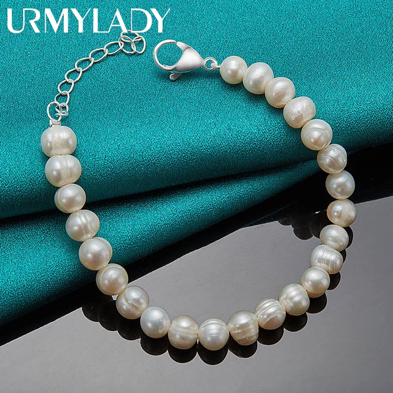 URMYLADY Fine 925 Sterling Silver 8mm bransoletka z pereł dla kobiet Wedding Party moda urok biżuterii — zdjęcie 4