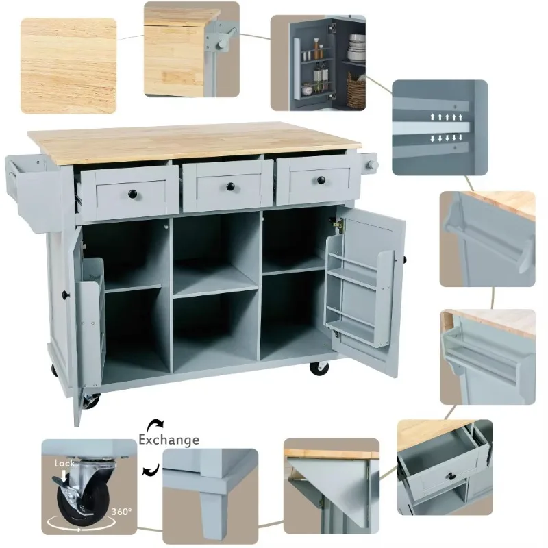 Modern Kitchen Island on Wheels Cart with MDF Drop-Leaf Countertop Portable Storage Cabinet Worktop for Dining