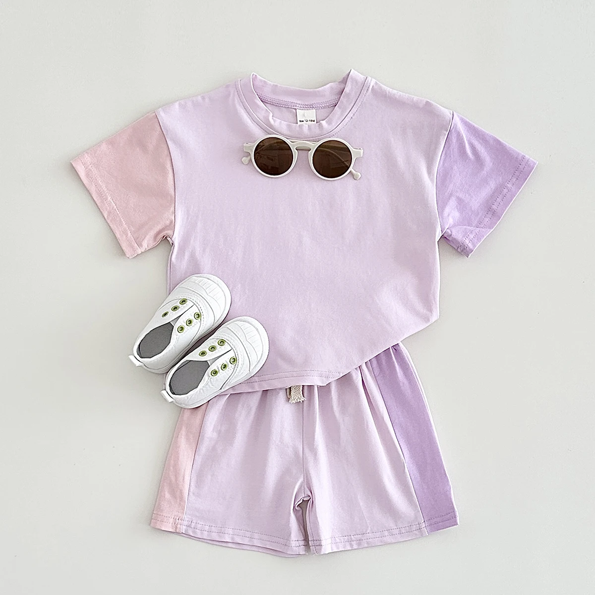 Summer Baby Boy Girl Solid Color Stitching Short Sleeve Top+Shorts Sets Outfits Children Tshirts Pants Suit Cotton Baby Clothes