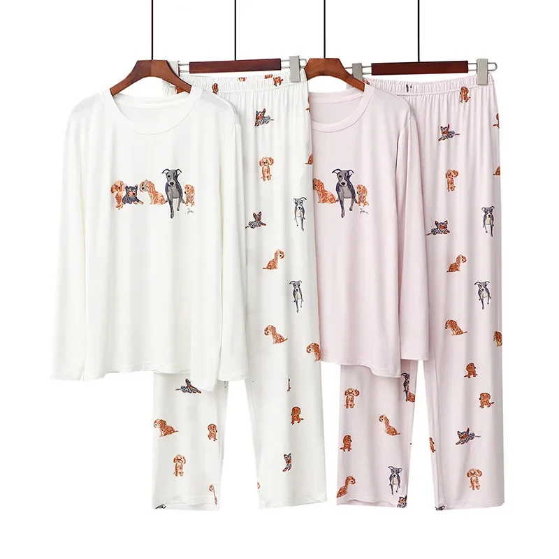 2024 Spring Summer Pajamas for Women Cotton O-neck Long Sleeve Trousers Homewear Suit Cute Cartoon Print Loose Casual Sleepwear