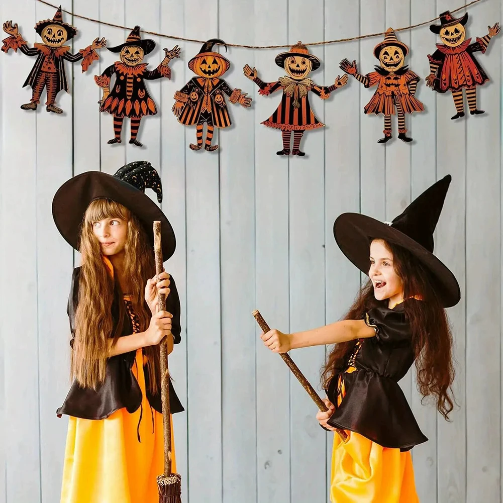 6-teiliges Halloween-Hängeparty-Banner aus Holz, Girlanden-Set, gruselige Kürbis-Hängedekorationen, gruselige Wandbehang-Tür-Eingangsbereich – Detail 2