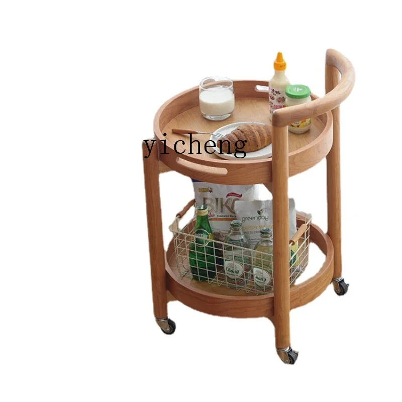 ZK round Side Table Trolley Cherrywood Portable Living Room Storage Cabinet Simple Small Dining Car Gardening Tool Car