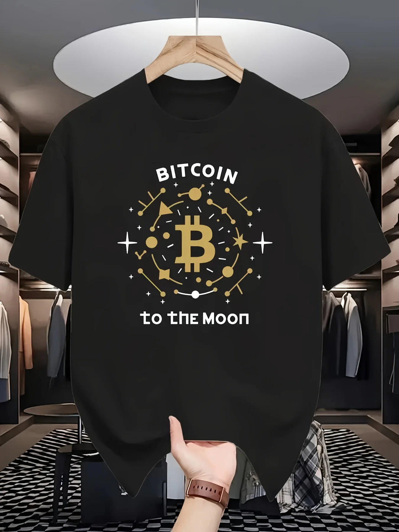 Crew Neck Short-Sleeved T-Shirt Cryptocurrency Culture Style Golden Bitcoin Logo + Starry Sky Universe Element Creative Print with 
