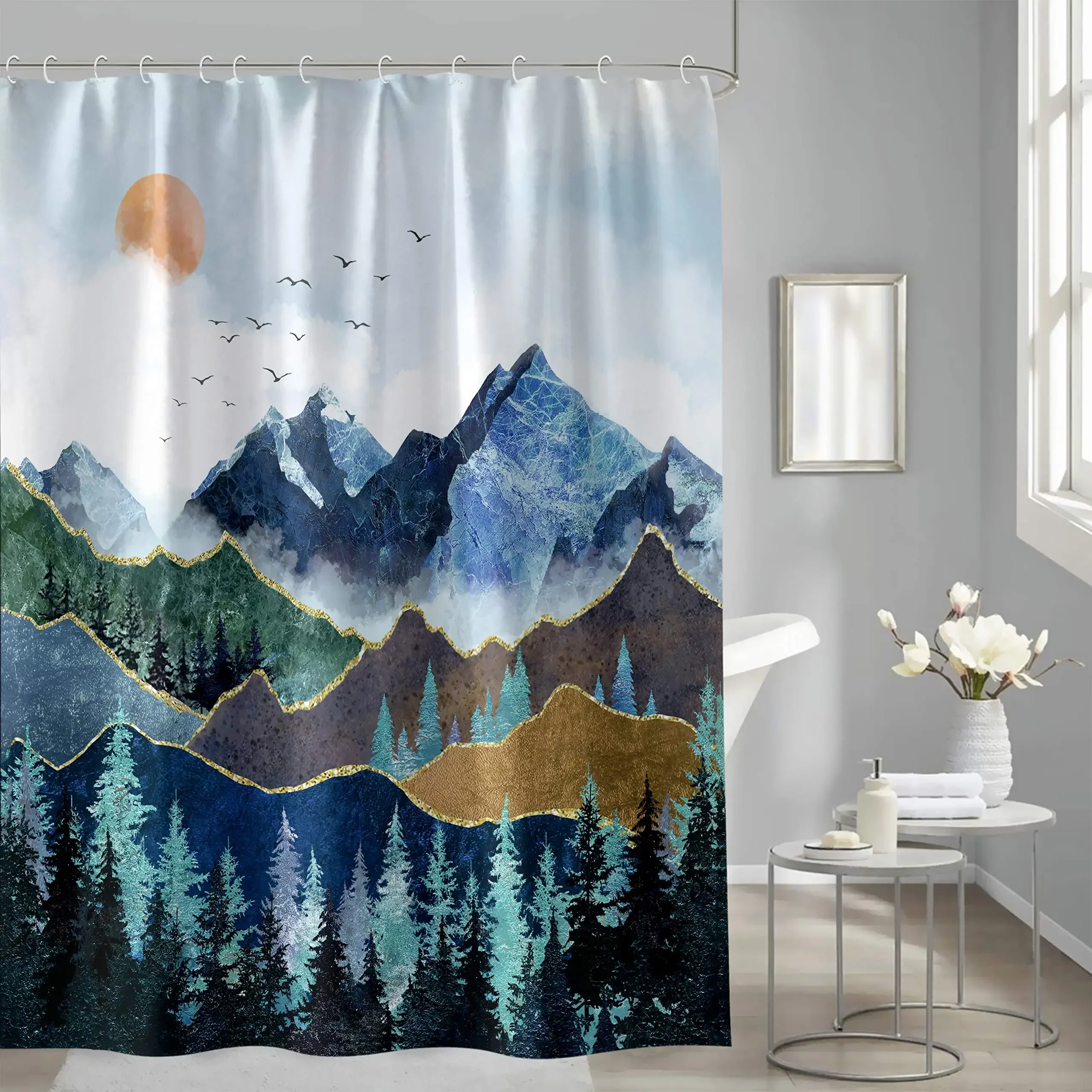 Mountain Shower Curtain,Teal Bathroom Shower Curtain, Cool Nature Watercolor Misty Forest Sun Sunset Landscape Shower Curtains