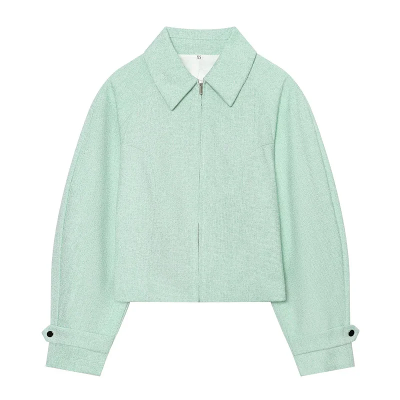 Women 2026 Autumn long sleeves Lapel Zip Up Textured Short Jacket Casual Loose Cropped Outerwear With Cuff Button For Daily Wear
