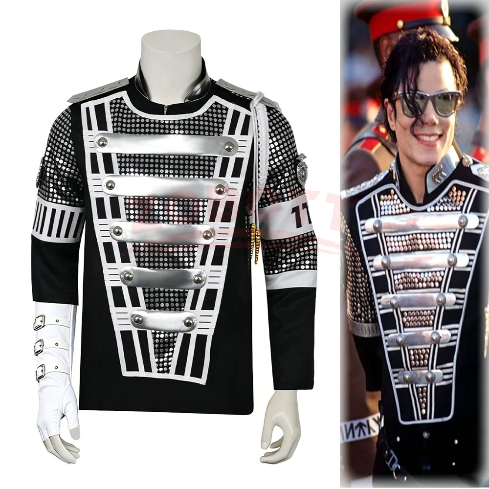 Heiß begehrtes Punk Michael Jackson „This Is It“ Cosplay-Oberteil im Militärstil mit Pailletten und weißer Handschuh für Halloween und Ostern