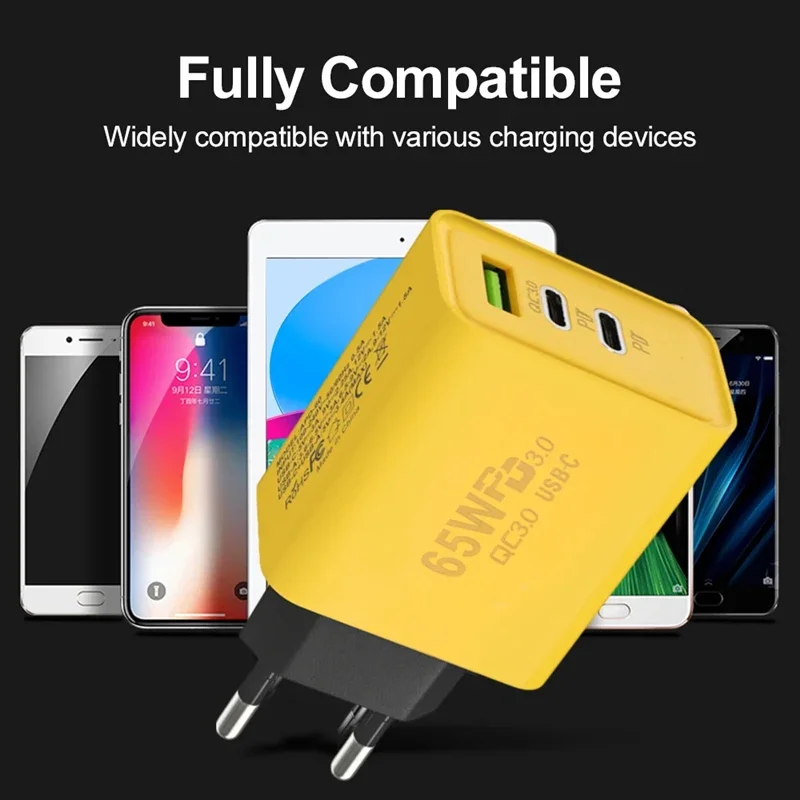 65W High-speed Charging GaN PD 3 Ports Mobile Phone Chargers USB Type C To Type-C Data Cable Cord QC 3.0 Cellphone Wall Adapter