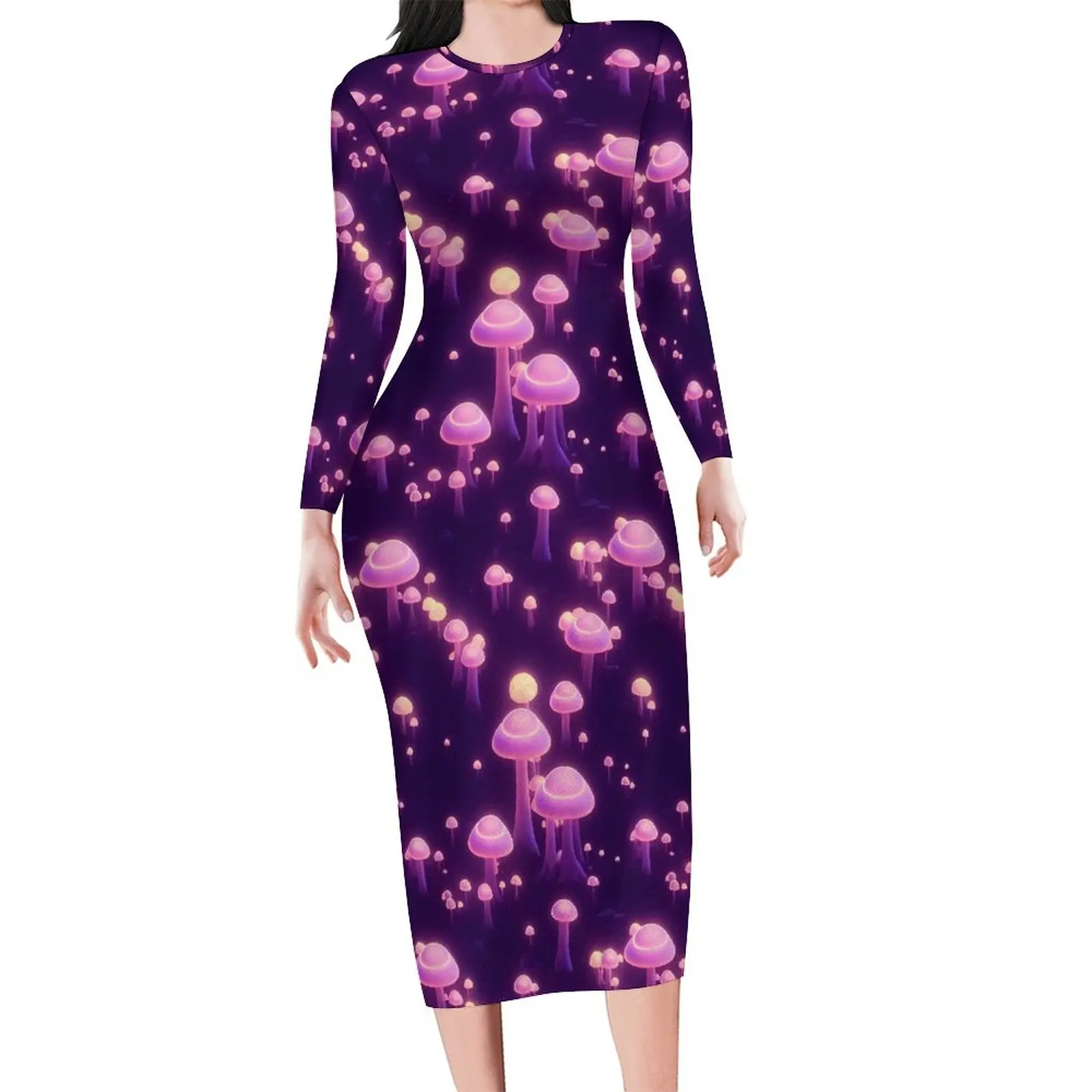 

Magic Mushroom Dress Women Trippy Purple Mushrooms Street Fashion Bodycon Dress Summer Long Sleeve Night Club Dresses Vestidos