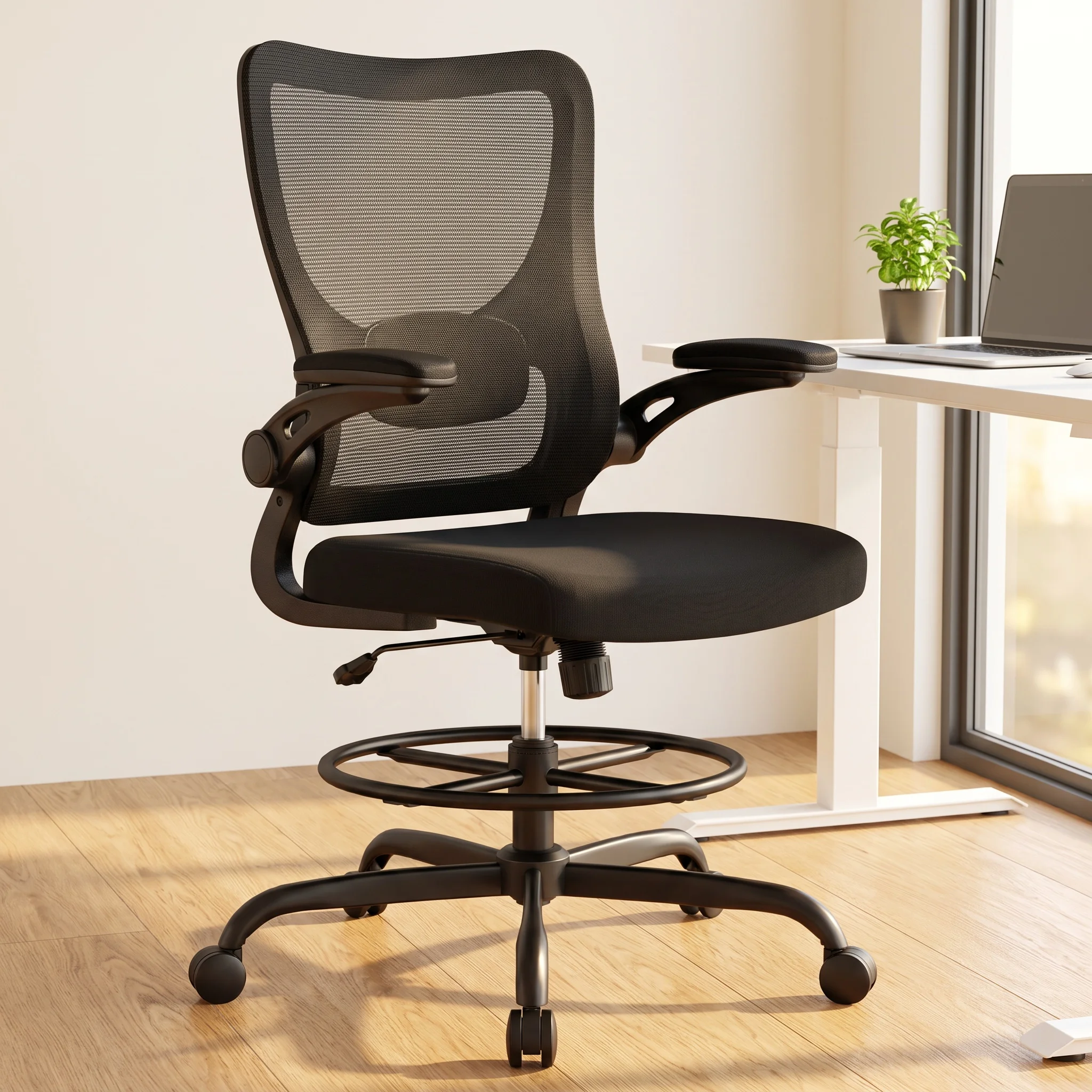 Drafting Chair, Tall Office Chair with 2D Lumbar Support, Standing Desk Chair with Padded Flip-Up Armrests & Adjustable Footrest Ring