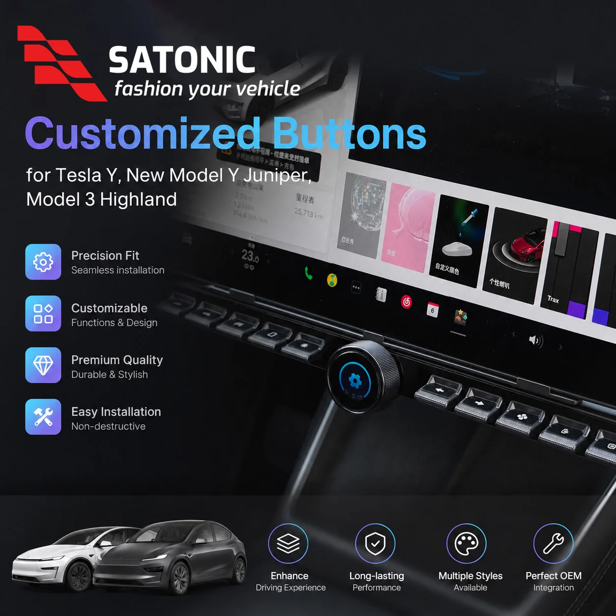 SATONIC V2 Smart Control Knobs Physical Customizable Buttons For Tesla Model 3 Highland New Model Y Multifunction D R P AP