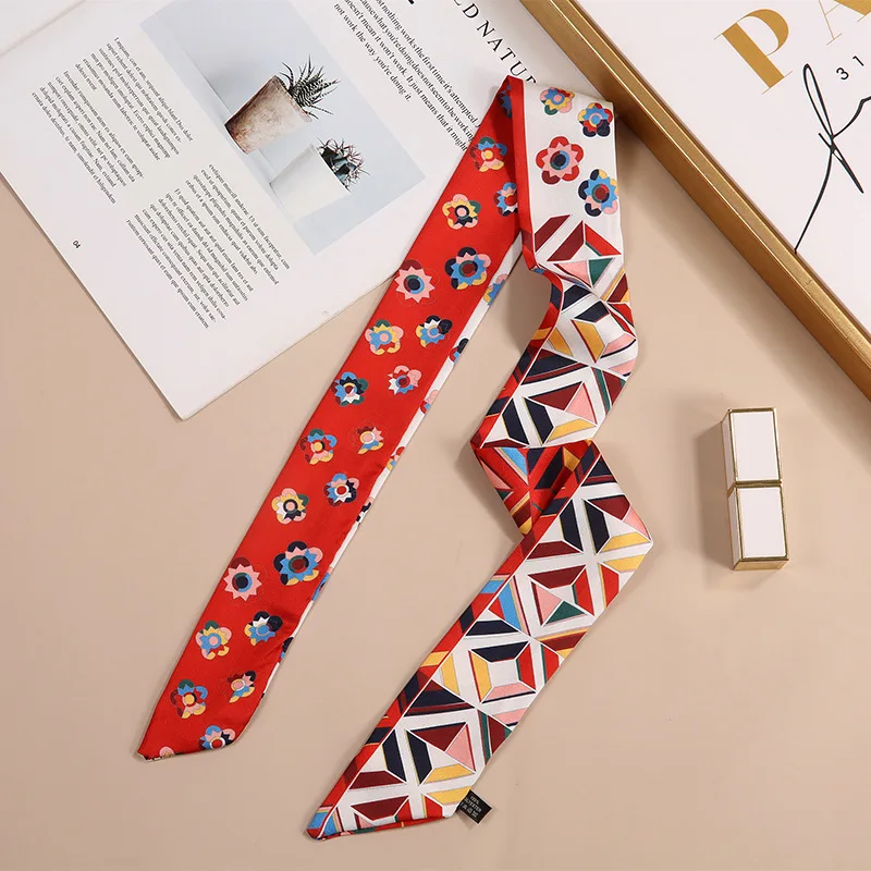 2026 Spring Border New Geometric Diamond Small Flowers Women's Decorative Small Silk Scarf Bundle Bag Handle Ribbon Small Scarf image 2