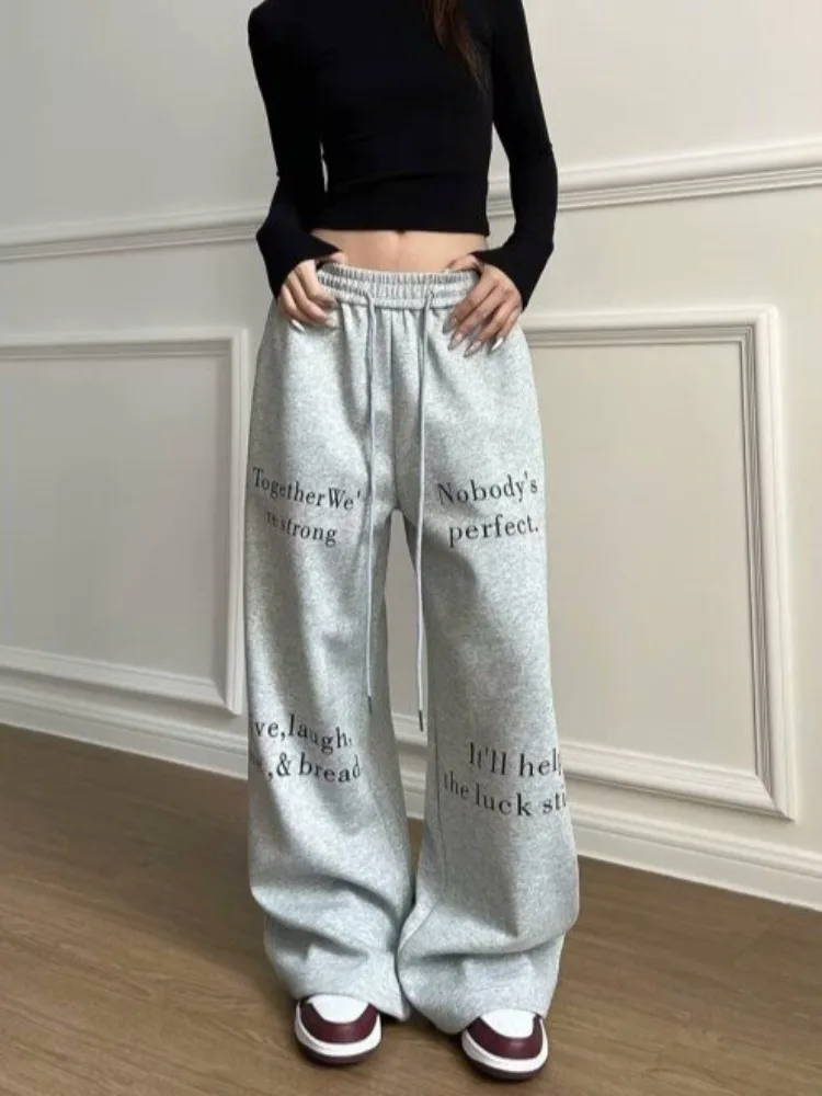 HOUZHOU Vintage Y2k Baggy Gray Sweatpants Woman Oversized Korean Sports Pants Joggers Harajuku Streetwear Trousers Letter Print