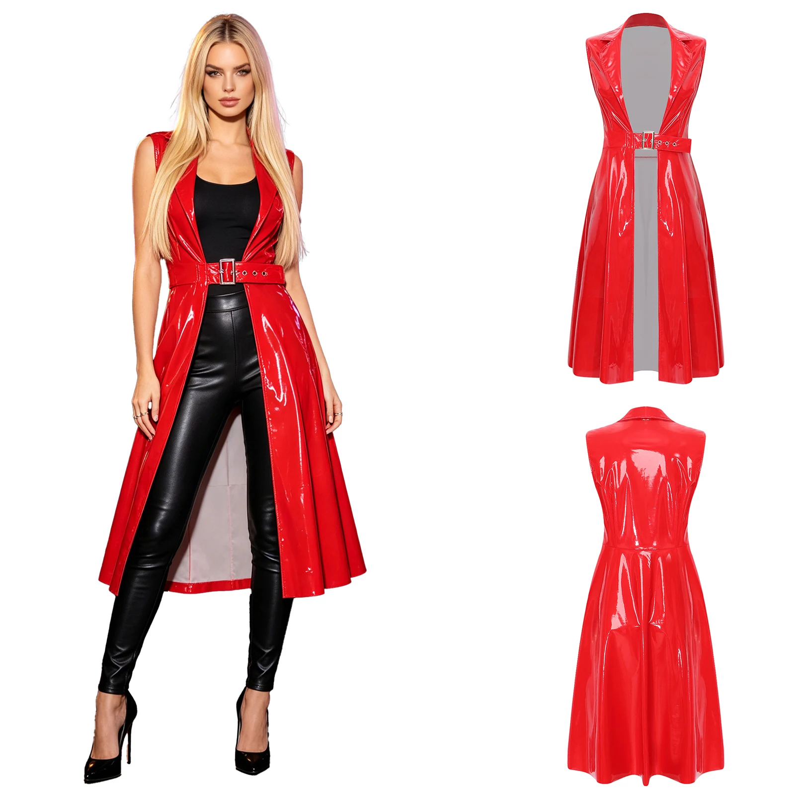 Womens Glossy PU Leather Punk Long Trench Coat Sleeveless Lapel Open Front Adjustable Buckle Waist Jacket Blazer Club Outerwear