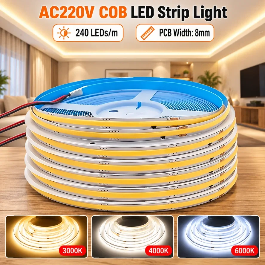 AC220V COB LED Strip Light 240LEDs/m 8mm PCB Flexible Tape Light Dotless Linear Lighting For Living Room Cabinet Home Decor