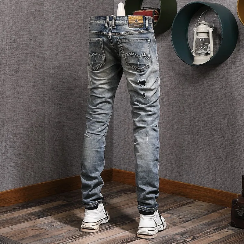 Fashion Designer Men Jeans Retro Washed Gray Blue Elastic Slim Fit Hole Ripped Jeans Men Patched Vintage Denim Pants Hombre