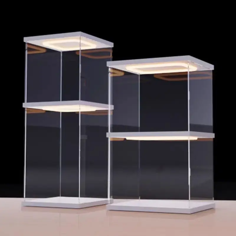 Acrylic Clear Display Case with Ring LED Lights, Action Figure Display, Assemble Dust Storage Case for Car Models and Dolls