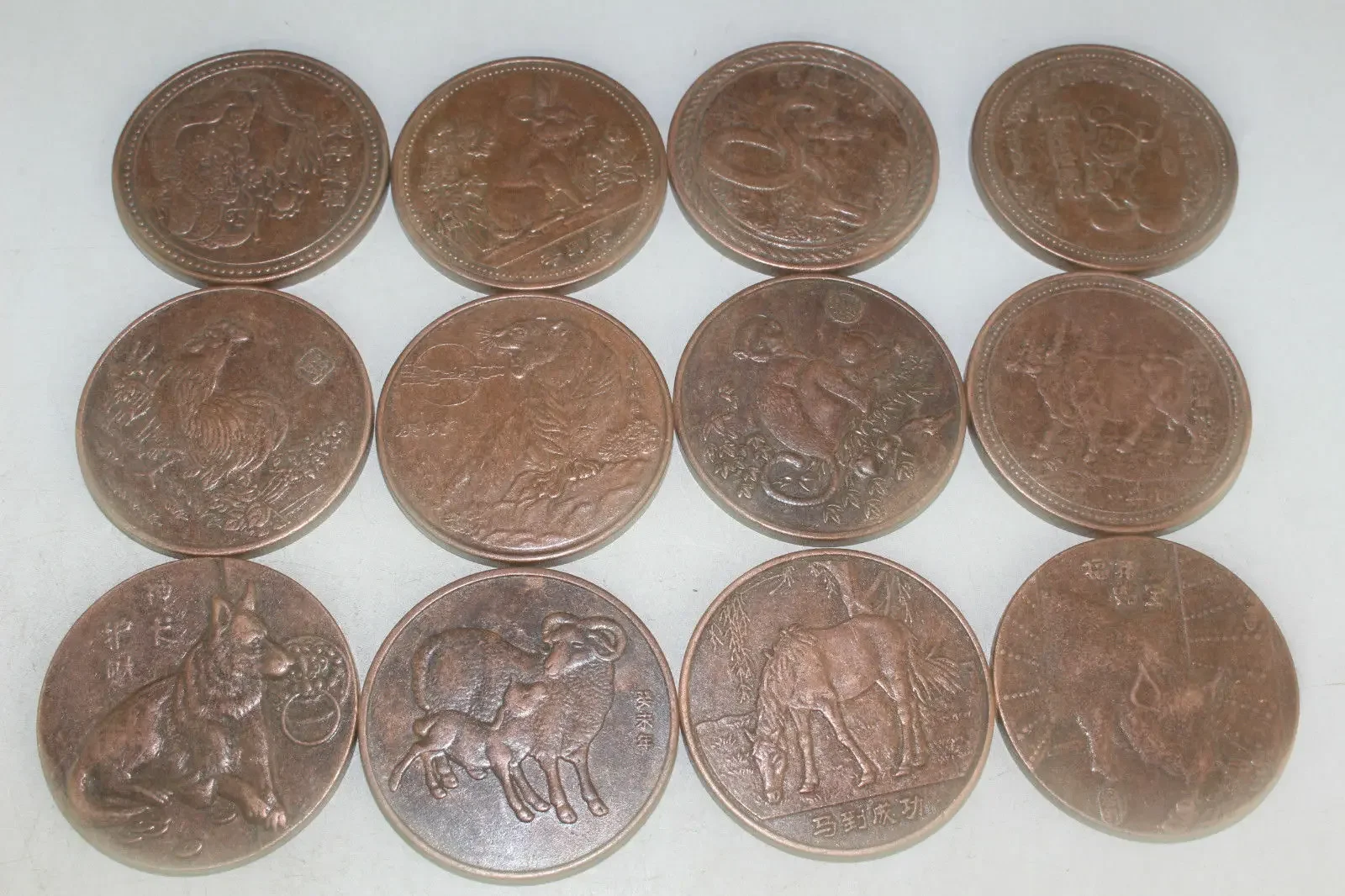 12 Pcs Chinese Zodiac Red Copper Commemorative Coins Set Collectible Currency for Cultural Display