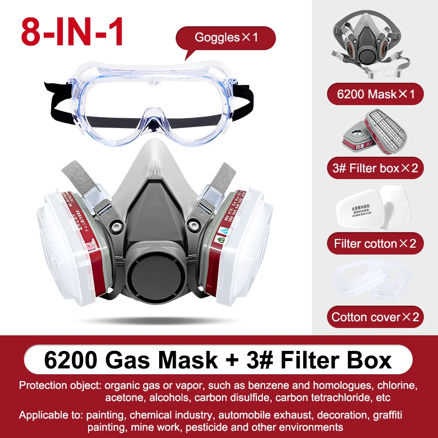 7/8/9 In  6200 Respirator Half Face Head Worn for Painting Spray Smog Dust Proof Chemical Filters Particulates Cotton