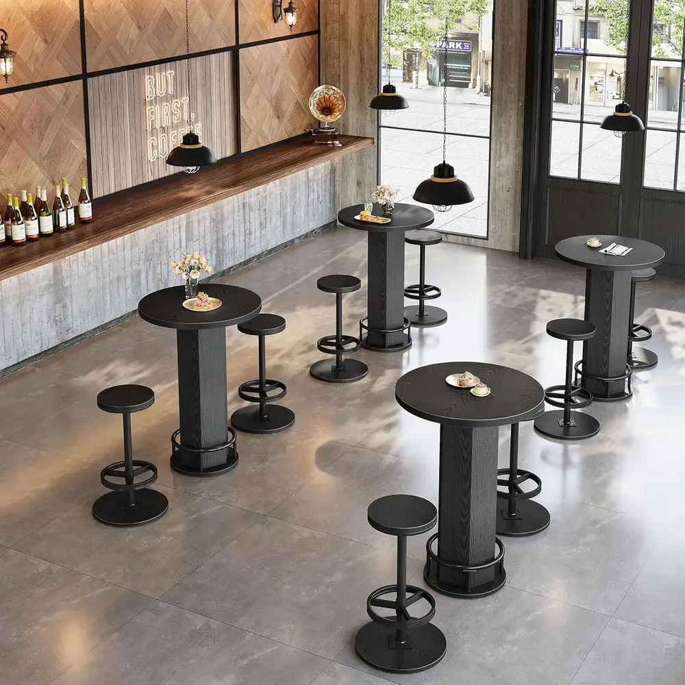 Kompaktowy 3-częściowy zestaw do jadalni dla dwojga, okrągły stół kuchenny z parą krzeseł, wysoki stół barowy w kolorze czarnym, kompaktowy stół pubowy do mieszkania.