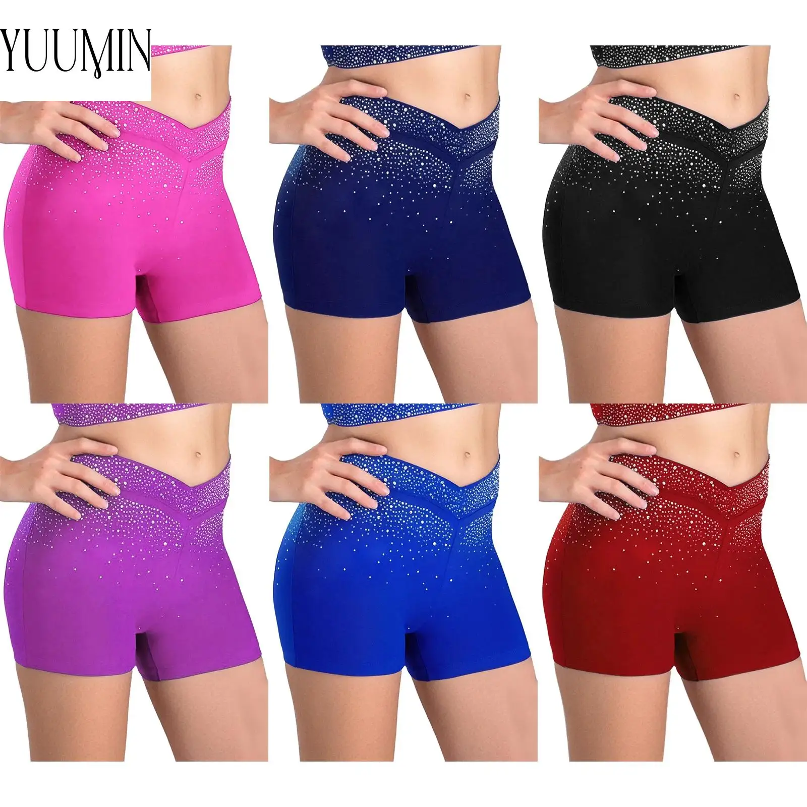 

Girls Sparkling Rhinestones V-Front Elastic Waistband Shorts for Figure Skating Dance Gymnastics Acrobatics Performance Party
