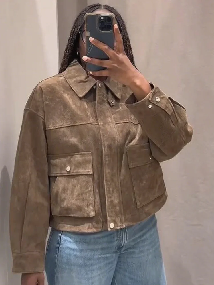 

Fashion Lapel Solid Suede Bomber Jacket 2025 Autumn Winter Long Sleeve Zipper Pockets Women Coats Casual Lady Outerwear Street