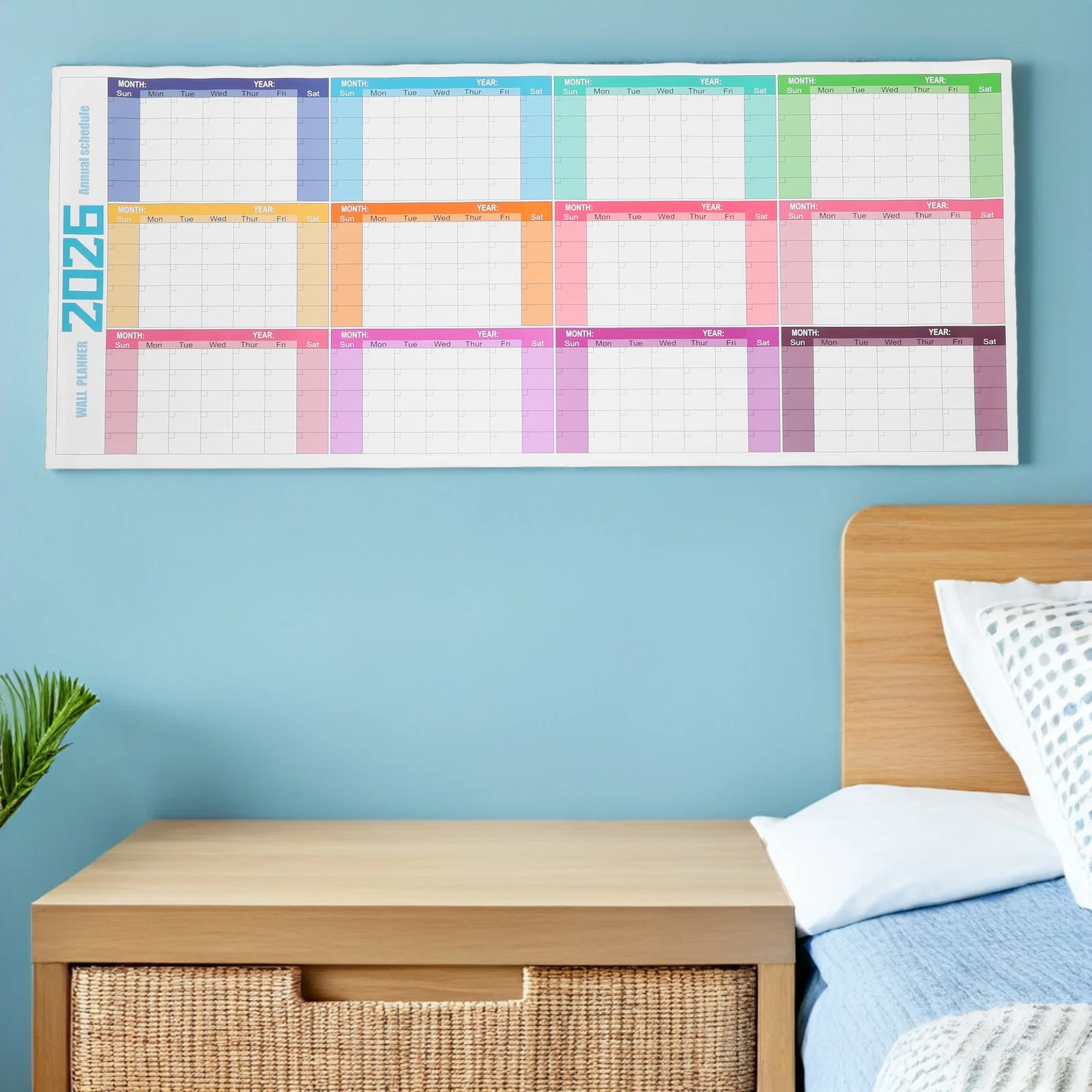 Grand calendrier mural effaçable à sec 100x42cm, tableau blanc laminé réutilisable sans daté, planificateur annuel, tableau effaçable à sec pour le bureau
