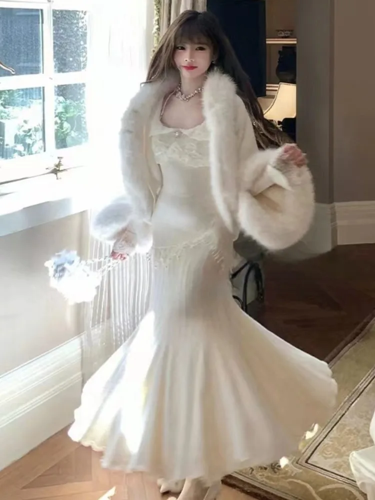 Women Autumn Spring Elegant Lace Mermaid Dres Slim Waist Vestidos Vintage Chic Evening Party Robe New
