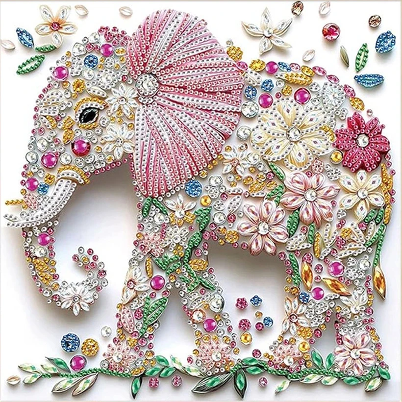 1pc Enchanting Elephant and Flower Pattern Diamond Painting Kit - Unique Shaped Crystal Diamonds, Frameless Mosaic Craftsmanship